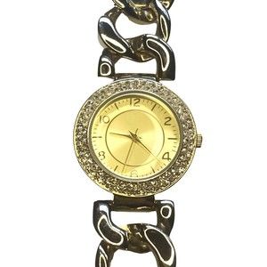 Lemon yellow gold shimmer face watch chunky chain bracelet rhinestones bling